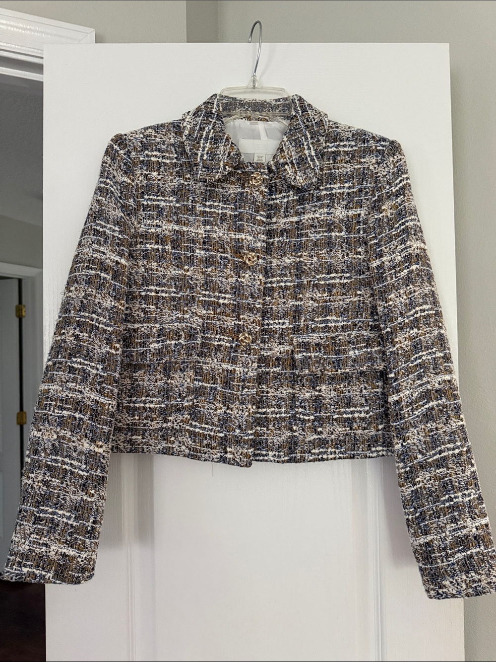 Zara Multicolor Tweed Cropped Blazer - Navy, White & Brown